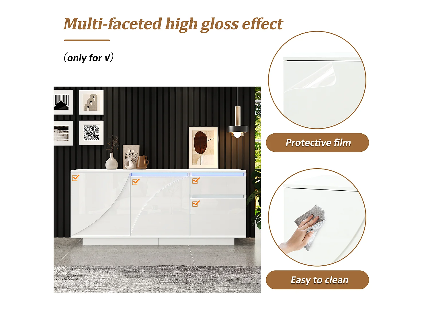 URBAN MEUBLE Buffet moderne blanc brillant motif géométrique 3 portes et éclairage LED