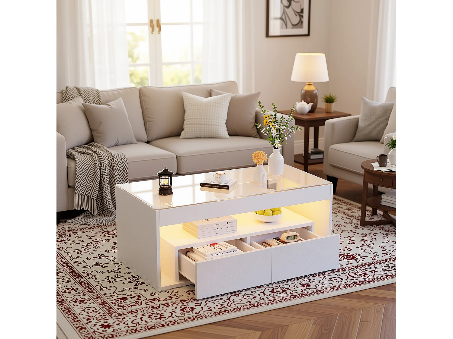 URBAN MEUBLE Table basse blanche en verre 2 tiroirs avec éclairage LED 100x50cm