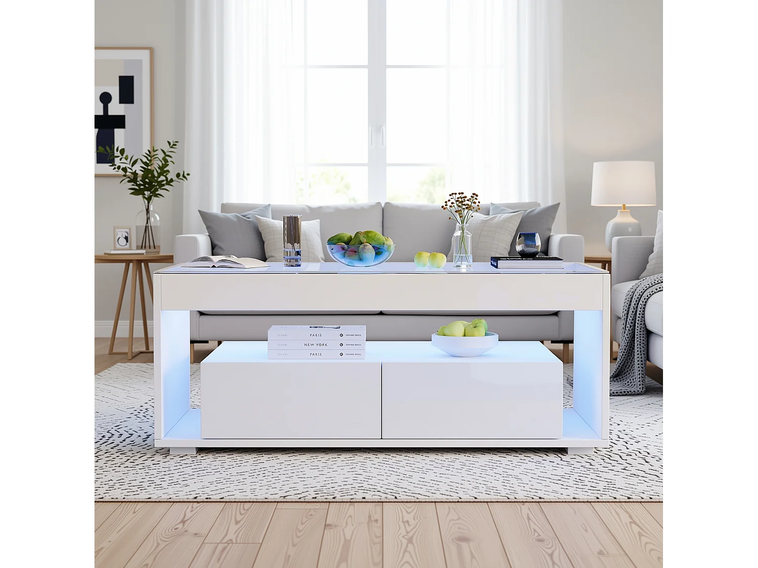 URBAN MEUBLE Table basse blanche en verre 2 tiroirs avec éclairage LED 100x50cm