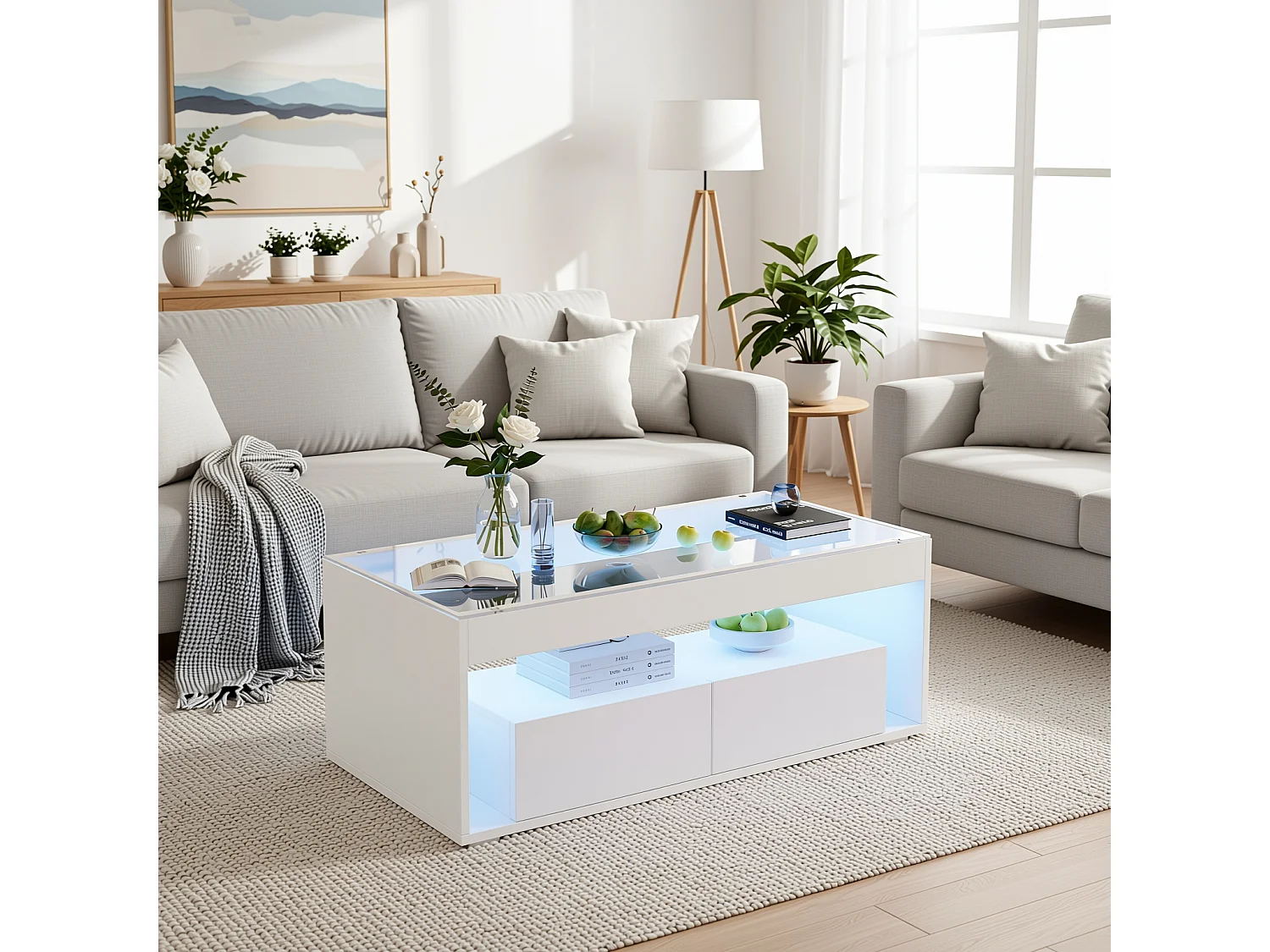 URBAN MEUBLE Table basse blanche en verre 2 tiroirs avec éclairage LED 100x50cm