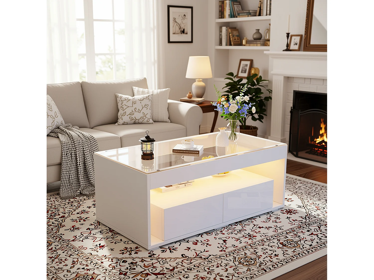 URBAN MEUBLE Table basse blanche en verre 2 tiroirs avec éclairage LED 100x50cm