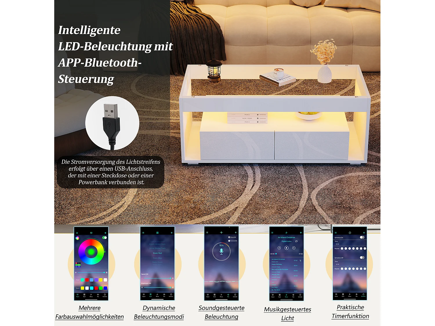 URBAN MEUBLE Table basse blanche en verre 2 tiroirs avec éclairage LED 100x50cm