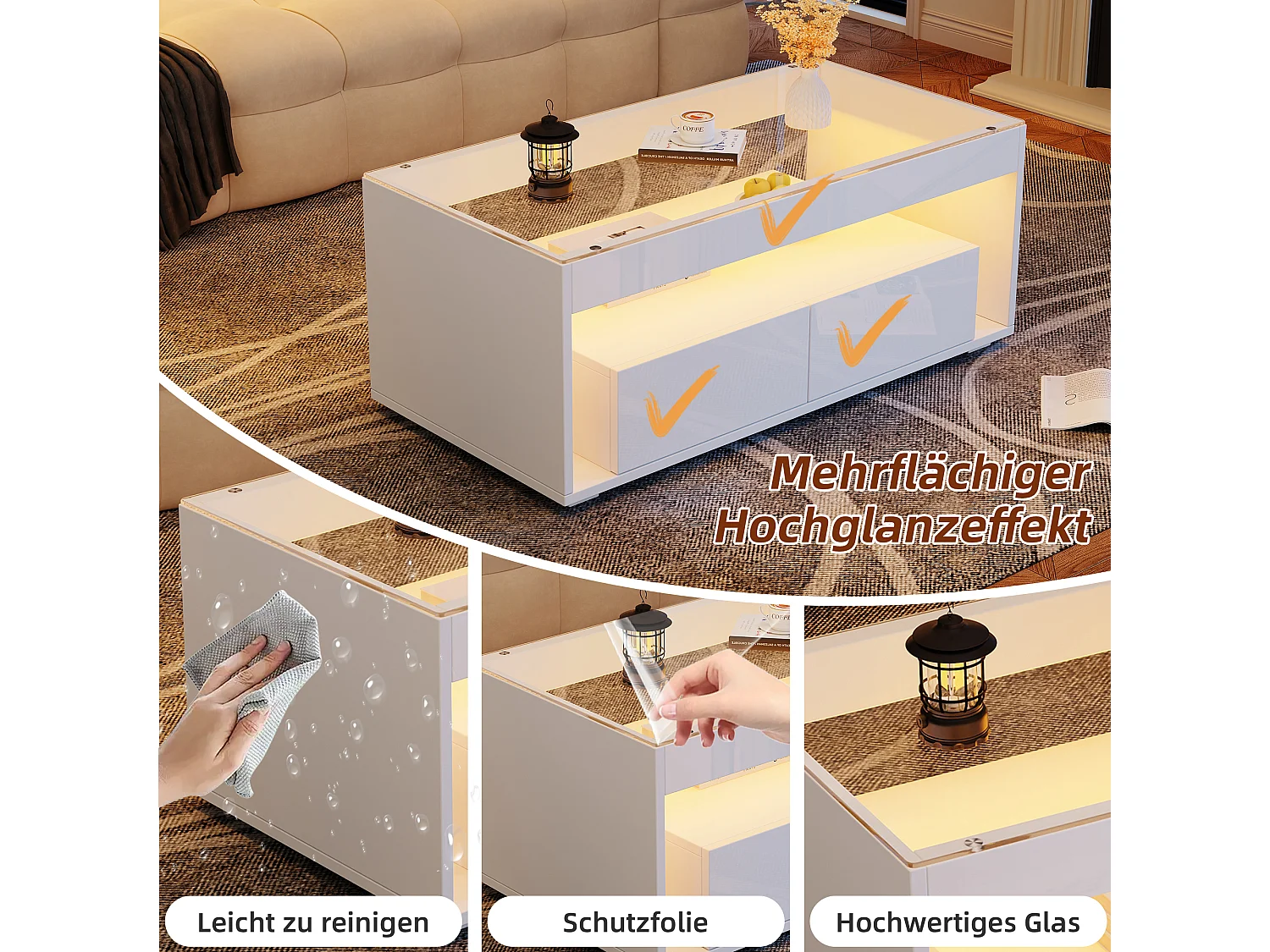 URBAN MEUBLE Table basse blanche en verre 2 tiroirs avec éclairage LED 100x50cm