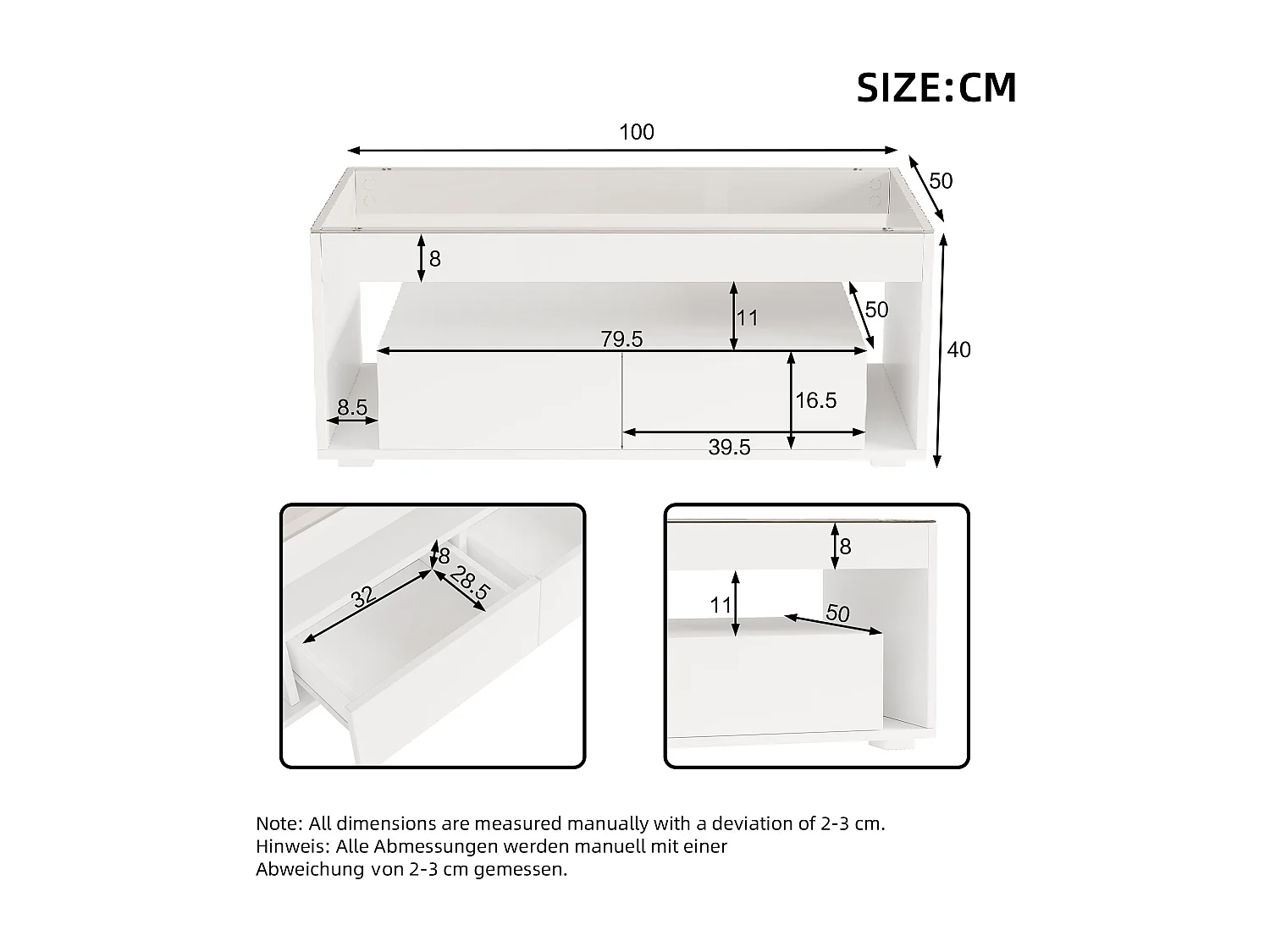 URBAN MEUBLE Table basse blanche en verre 2 tiroirs avec éclairage LED 100x50cm