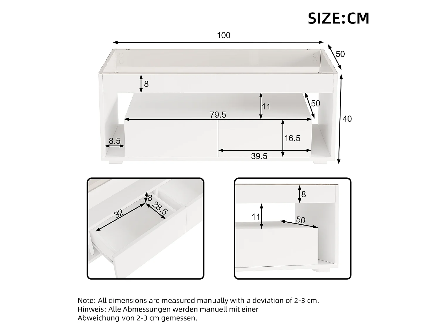 URBAN MEUBLE Table basse blanche en verre 2 tiroirs avec éclairage LED 100x50cm