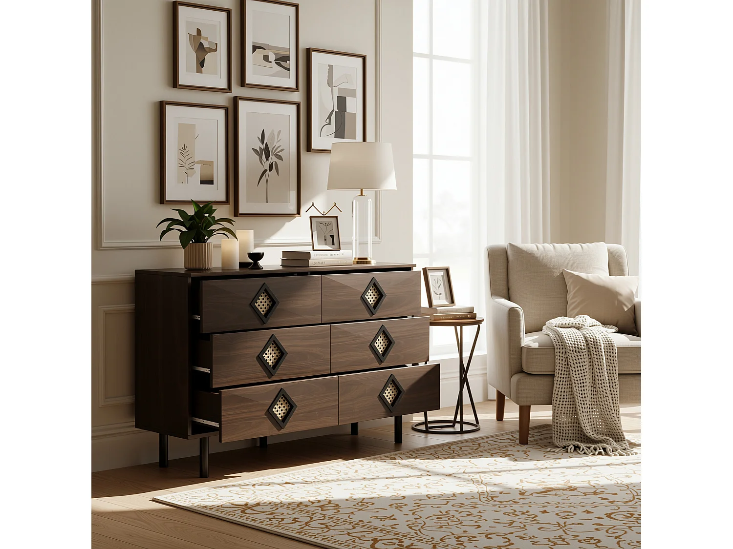 URBAN MEUBLE Buffet bois noyer à 6 tiroirs avec poignées en rotin et pieds en métal