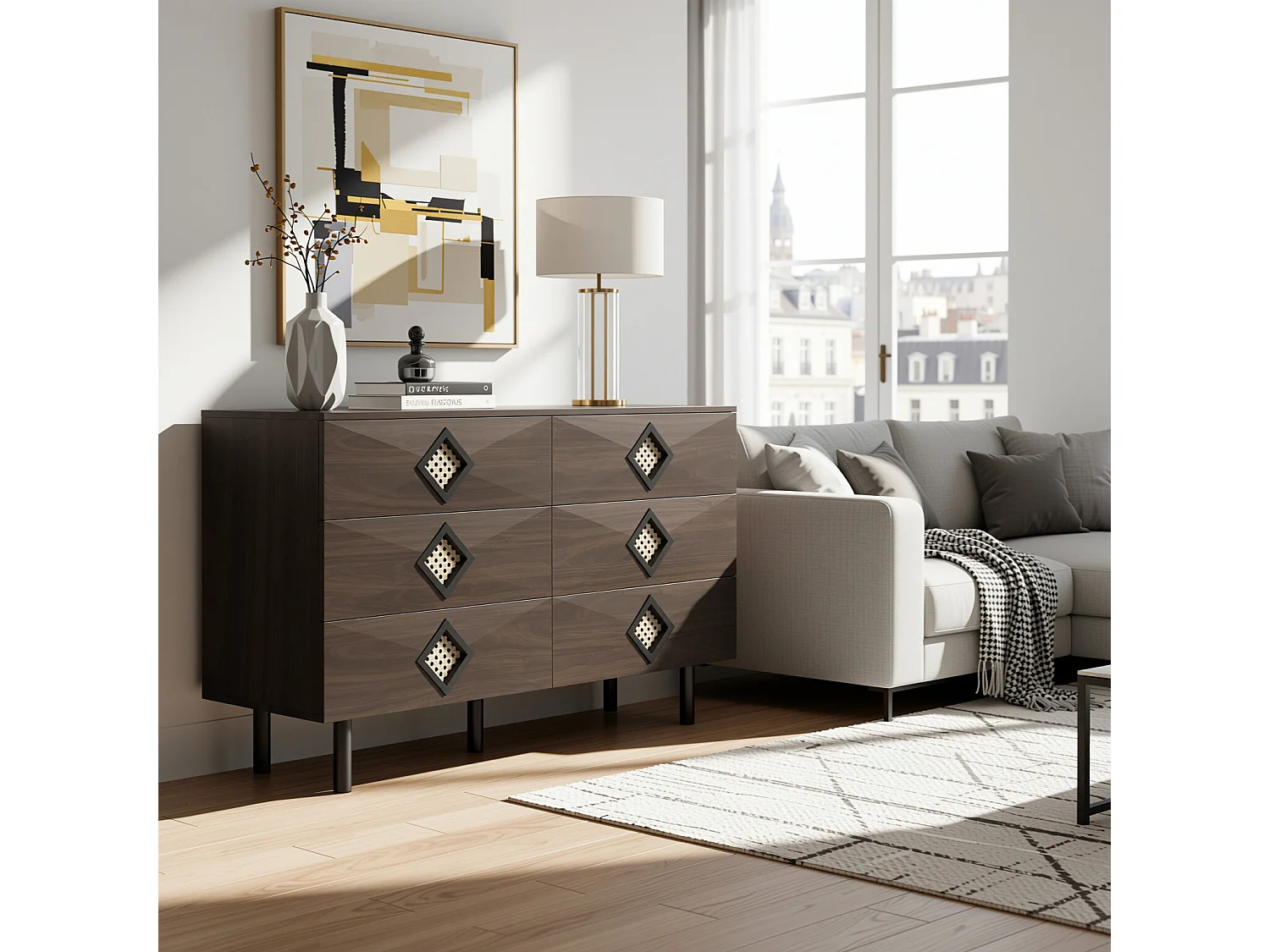 URBAN MEUBLE Buffet bois noyer à 6 tiroirs avec poignées en rotin et pieds en métal