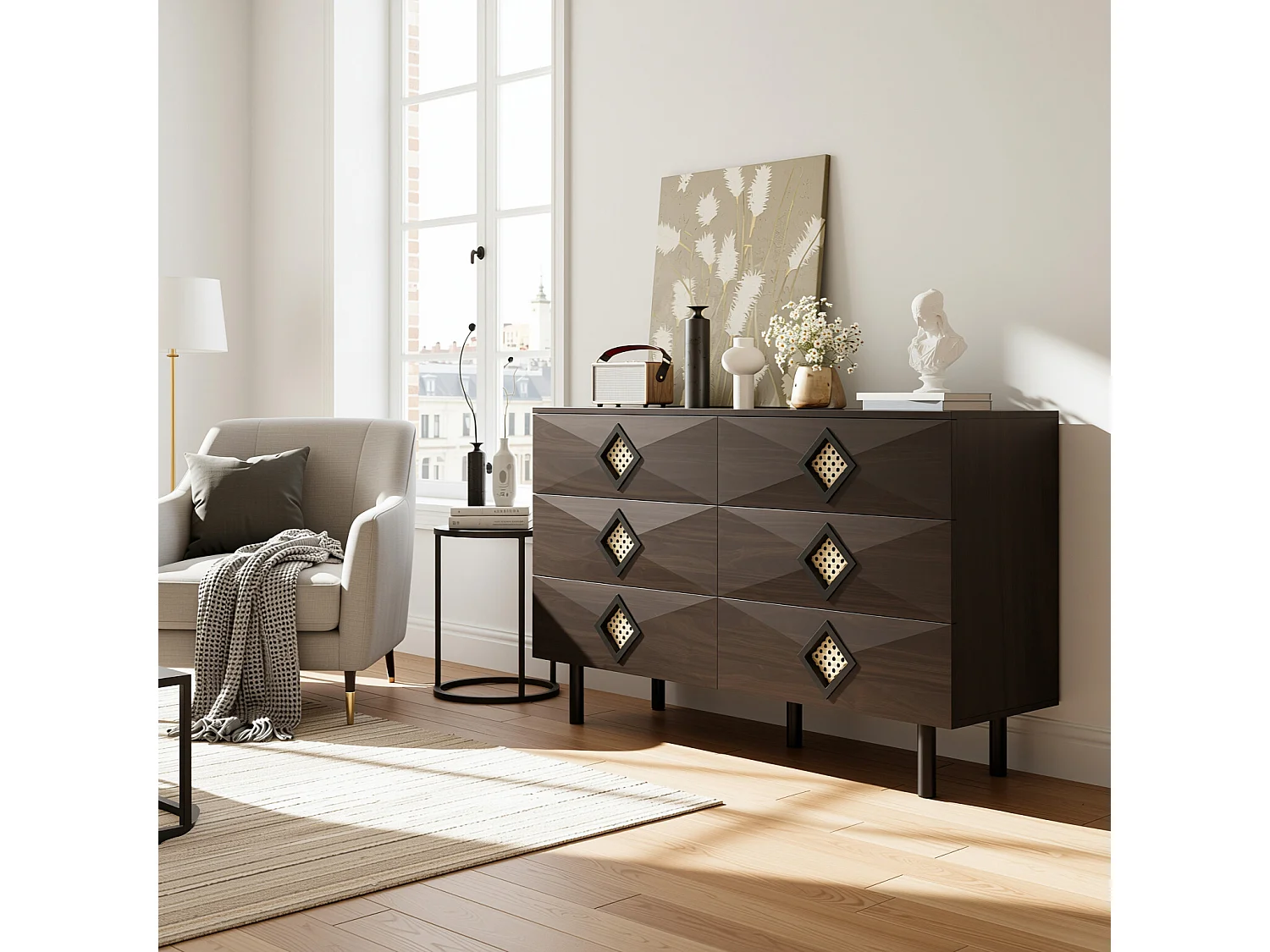 URBAN MEUBLE Buffet bois noyer à 6 tiroirs avec poignées en rotin et pieds en métal