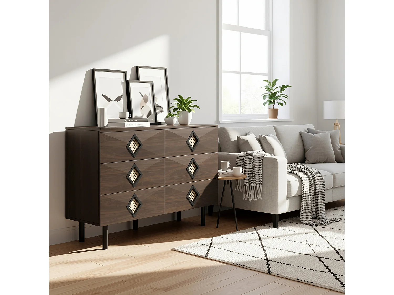 URBAN MEUBLE Buffet bois noyer à 6 tiroirs avec poignées en rotin et pieds en métal