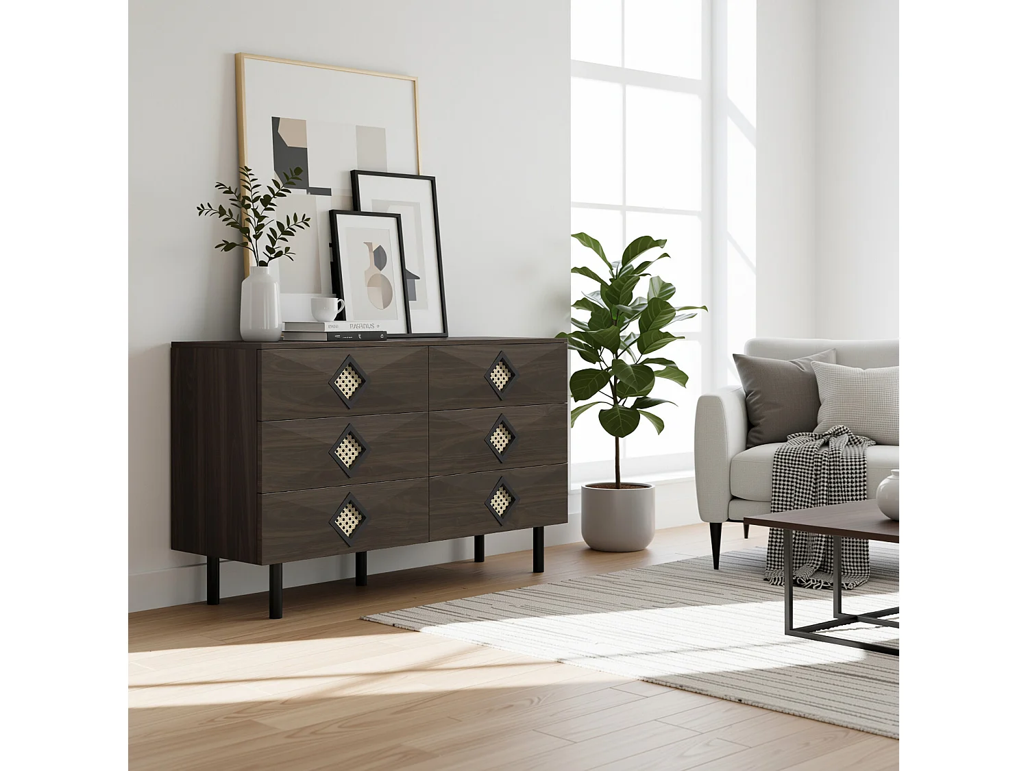 URBAN MEUBLE Buffet bois noyer à 6 tiroirs avec poignées en rotin et pieds en métal