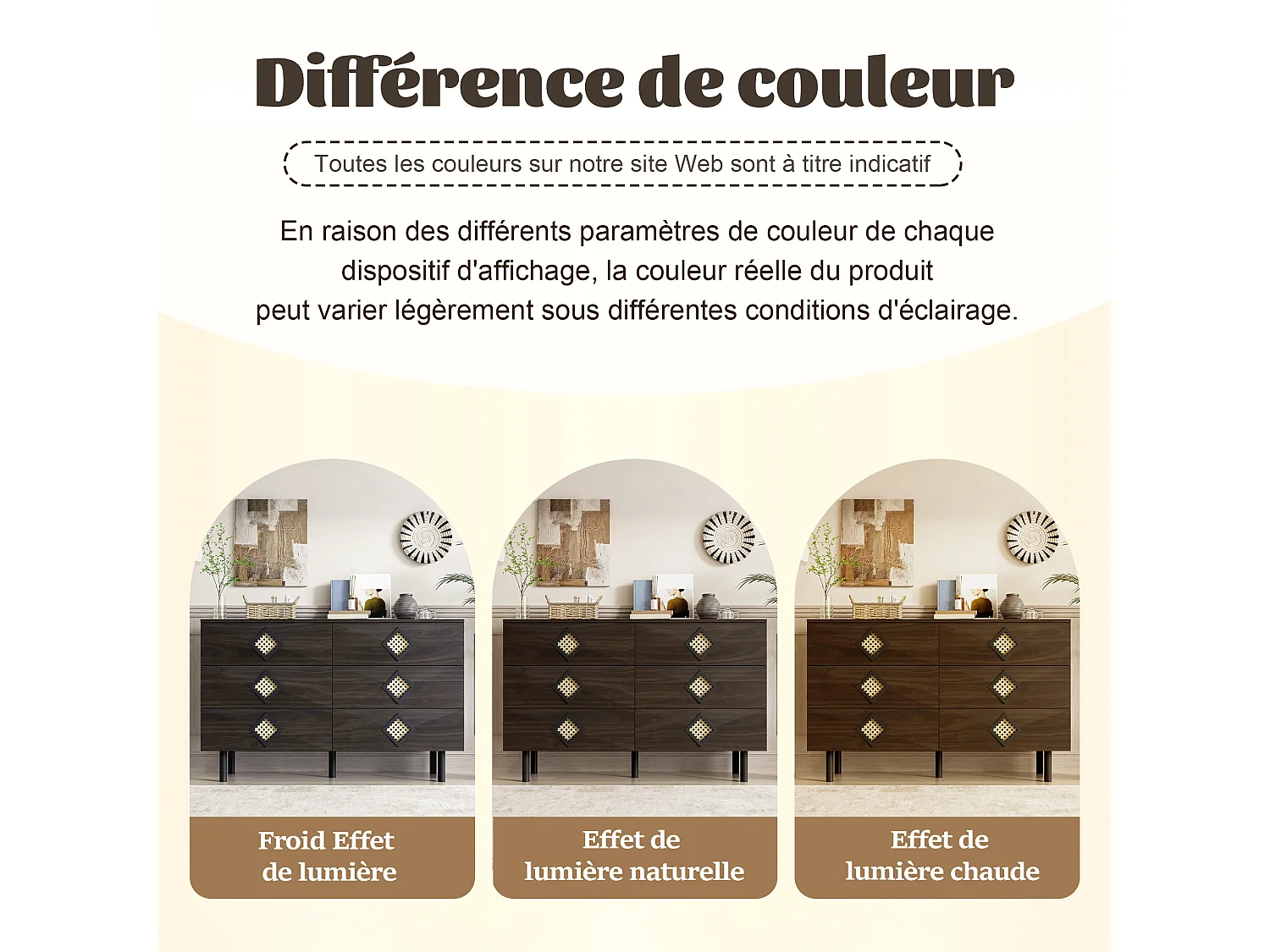 URBAN MEUBLE Buffet bois noyer à 6 tiroirs avec poignées en rotin et pieds en métal