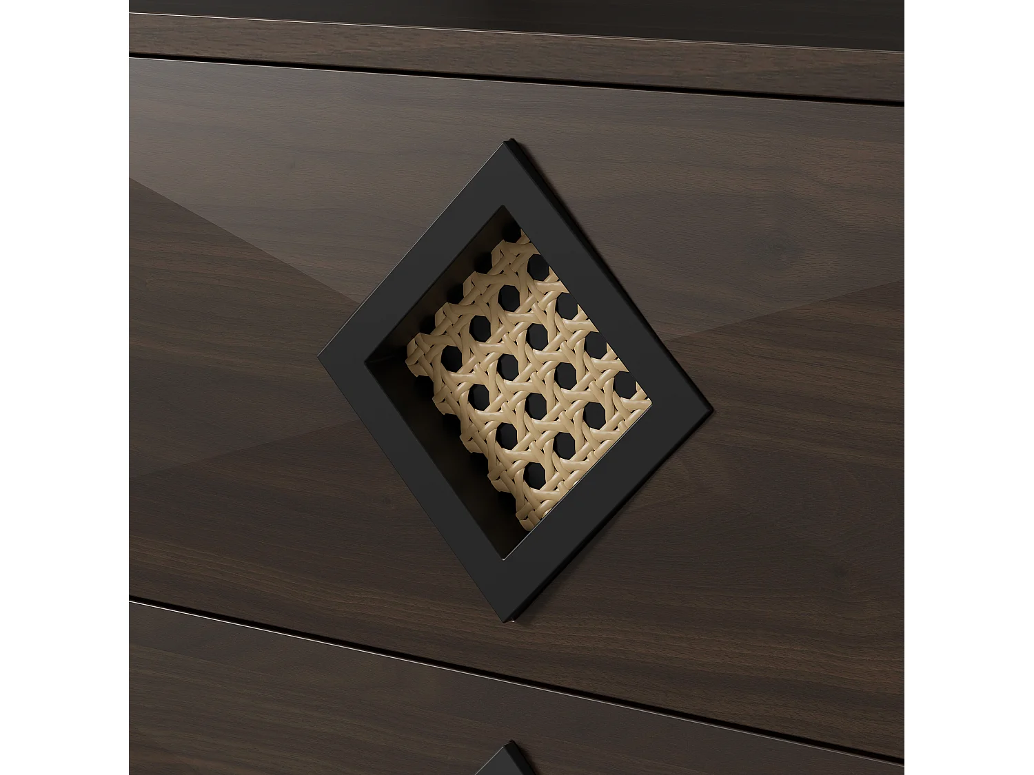 URBAN MEUBLE Buffet bois noyer à 6 tiroirs avec poignées en rotin et pieds en métal