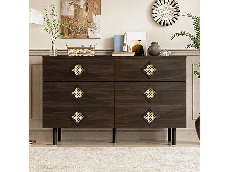 URBAN MEUBLE Buffet bois noyer à 6 tiroirs avec poignées en rotin et pieds en métal