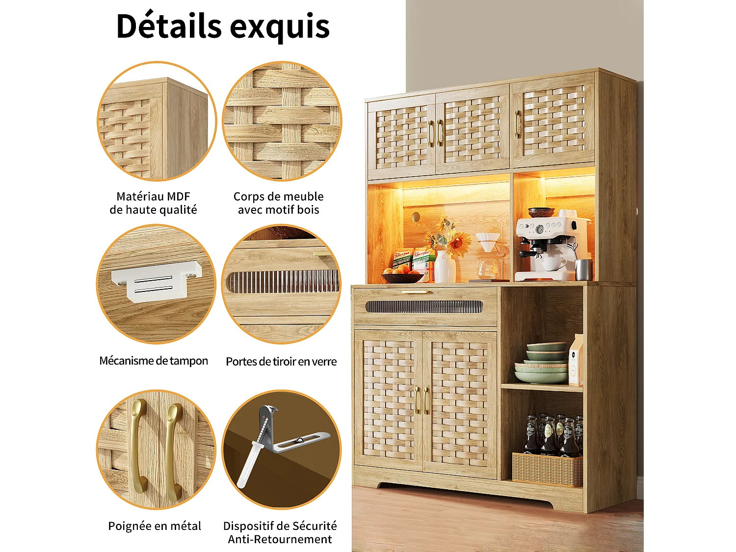 URBAN MEUBLE Buffet haut vaisselier de cuisine effet bois avec rotin tressé, éclairage LED