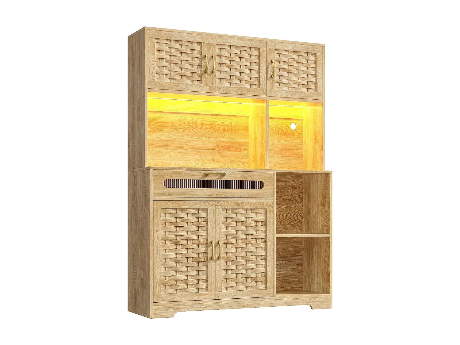 URBAN MEUBLE Buffet haut vaisselier de cuisine effet bois avec rotin tressé, éclairage LED