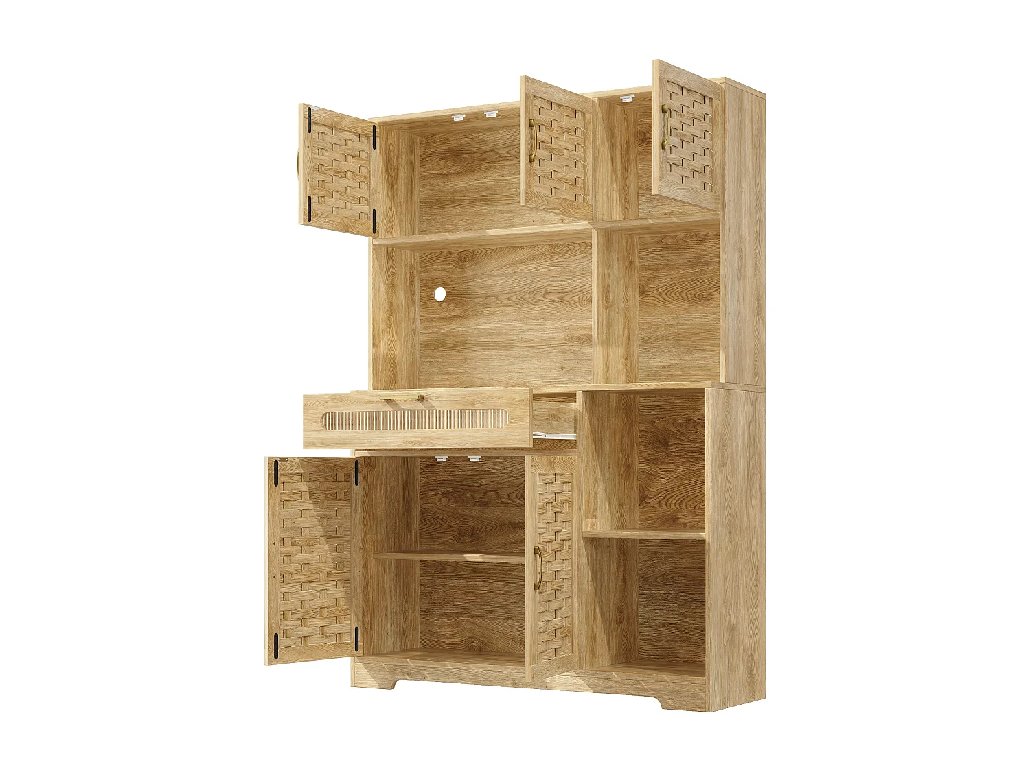 URBAN MEUBLE Buffet haut vaisselier de cuisine effet bois avec rotin tressé, éclairage LED