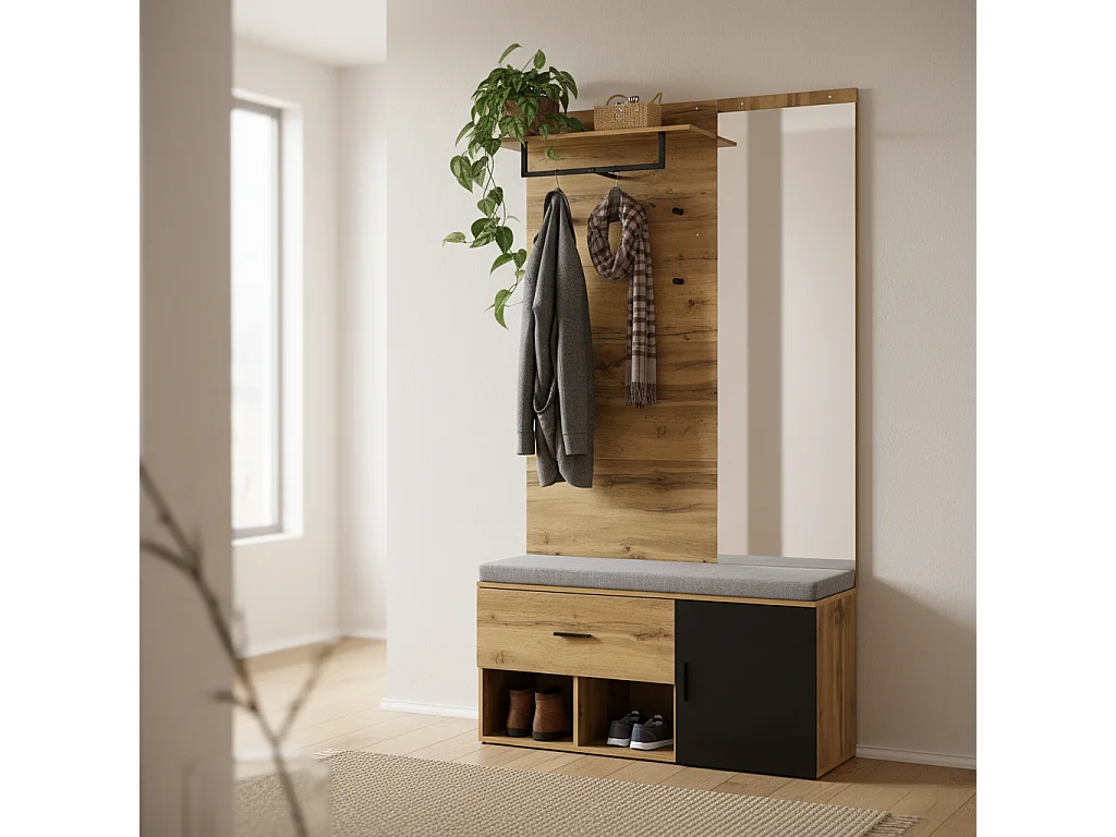 URBAN MEUBLE Vestiaires à l'entrée complet effet chêne avec miroir, banc rembourré gris, meuble à chaussures