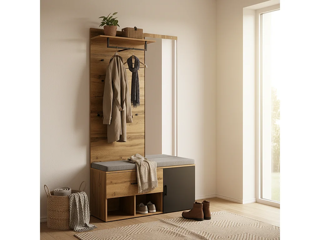 URBAN MEUBLE Vestiaires à l'entrée complet effet chêne avec miroir, banc rembourré gris, meuble à chaussures