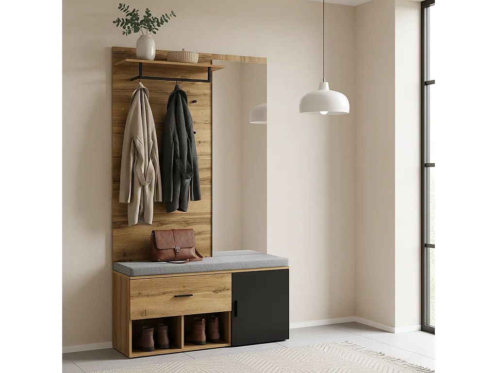 URBAN MEUBLE Vestiaires à l'entrée complet effet chêne avec miroir, banc rembourré gris, meuble à chaussures