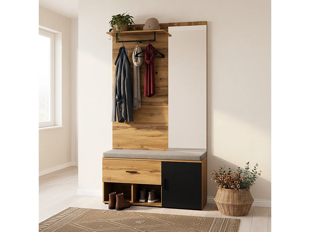 URBAN MEUBLE Vestiaires à l'entrée complet effet chêne avec miroir, banc rembourré gris, meuble à chaussures