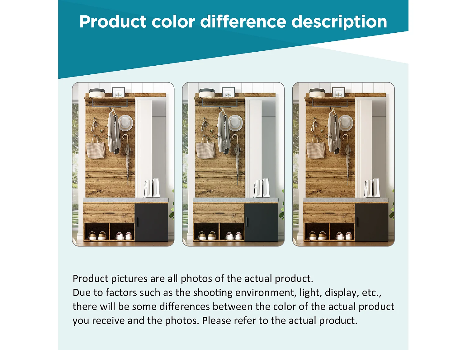 URBAN MEUBLE Vestiaires à l'entrée complet effet chêne avec miroir, banc rembourré gris, meuble à chaussures