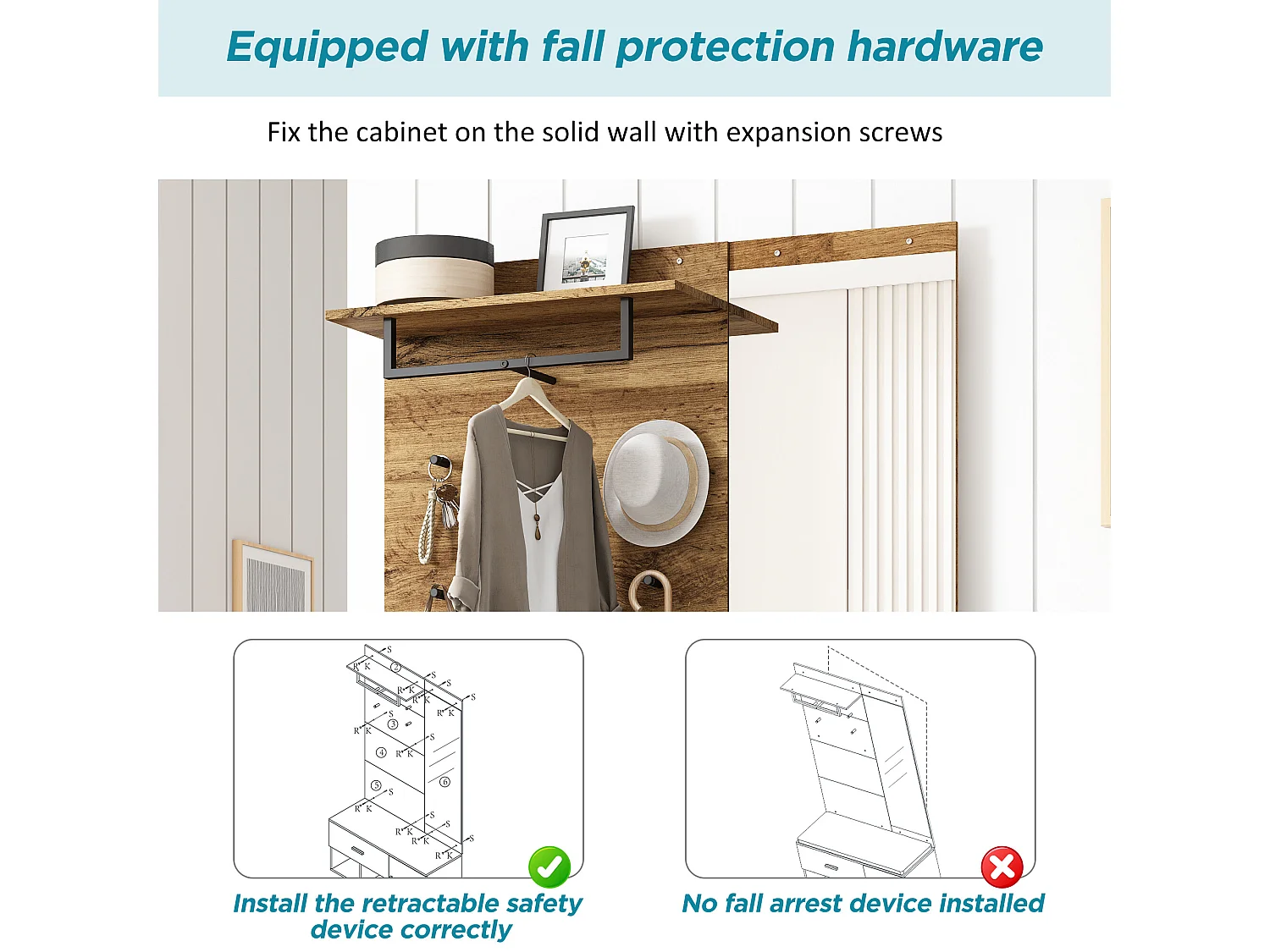 URBAN MEUBLE Vestiaires à l'entrée complet effet chêne avec miroir, banc rembourré gris, meuble à chaussures