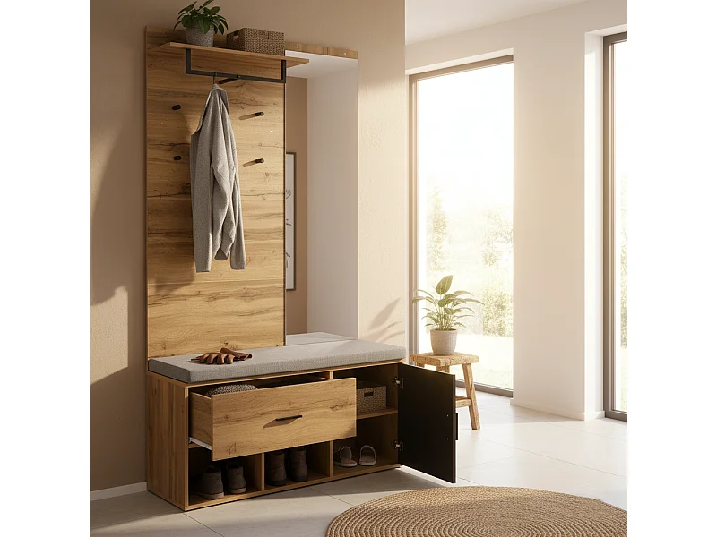 URBAN MEUBLE Vestiaires à l'entrée complet effet chêne avec miroir, banc rembourré gris, meuble à chaussures