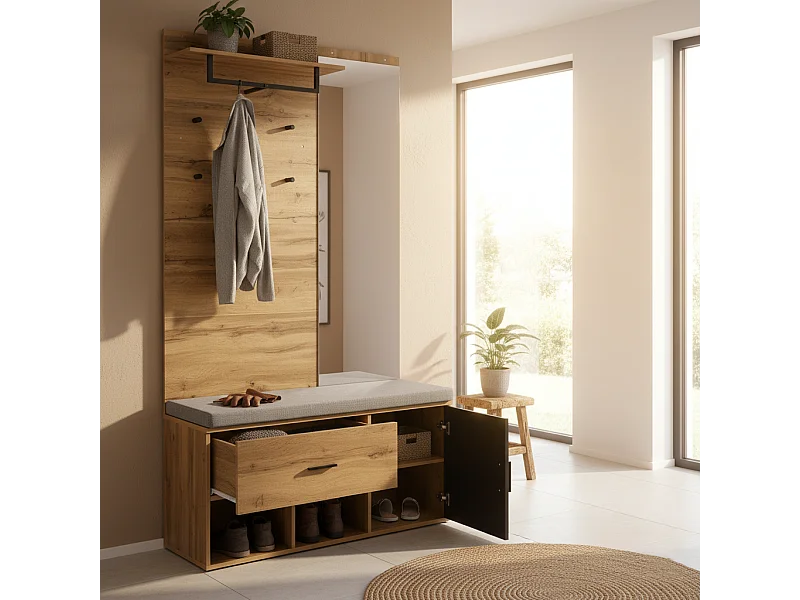 URBAN MEUBLE Vestiaires à l'entrée complet effet chêne avec miroir, banc rembourré gris, meuble à chaussures