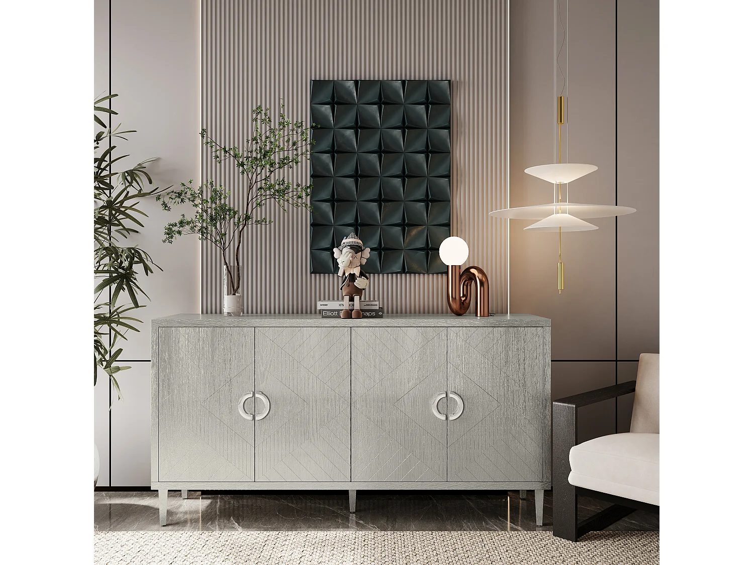 URBAN MEUBLE Buffet champagne argenté 4 portes poignées en alliage de zinc et façades à motif géométrique