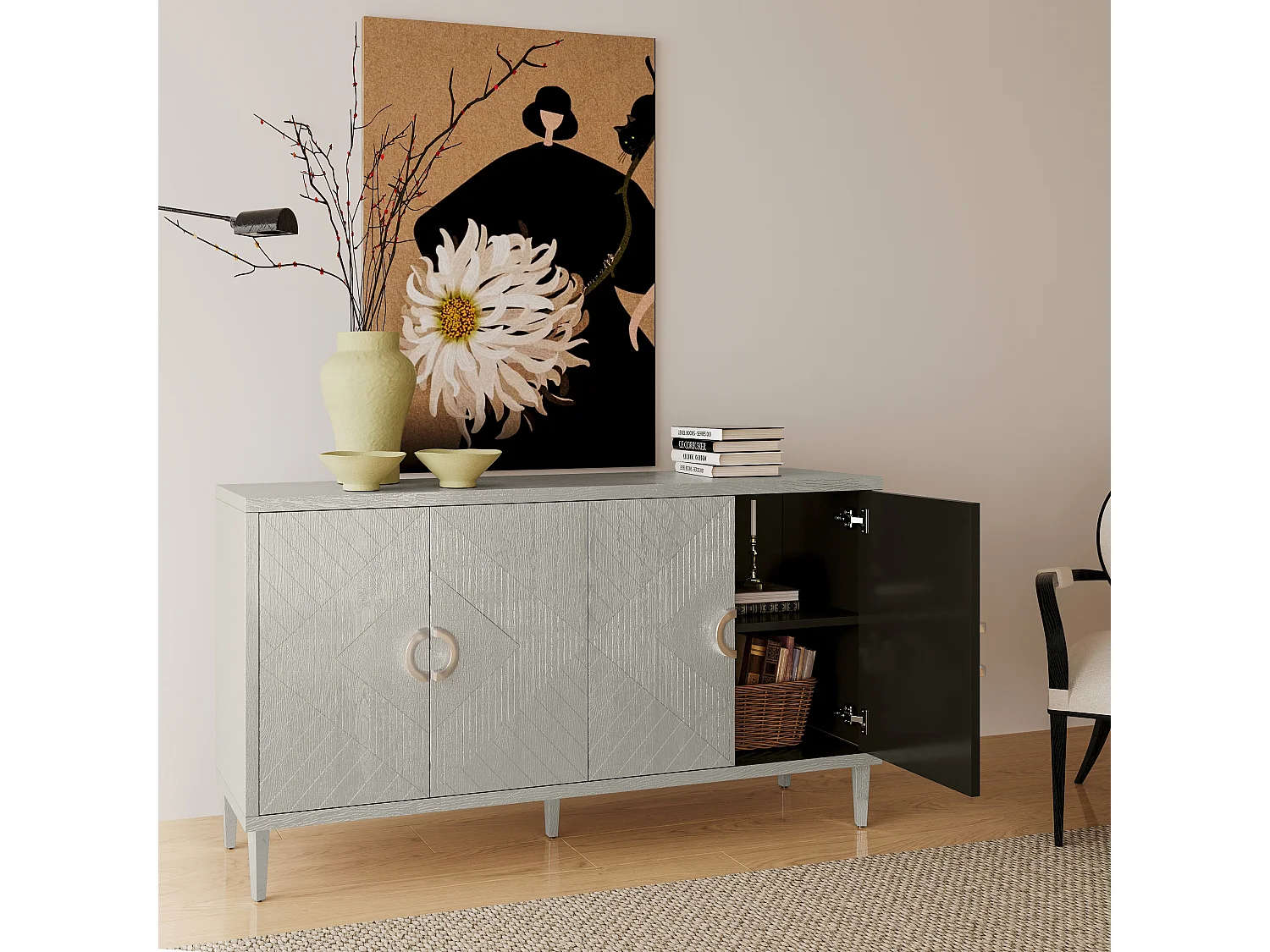 URBAN MEUBLE Buffet champagne argenté 4 portes poignées en alliage de zinc et façades à motif géométrique