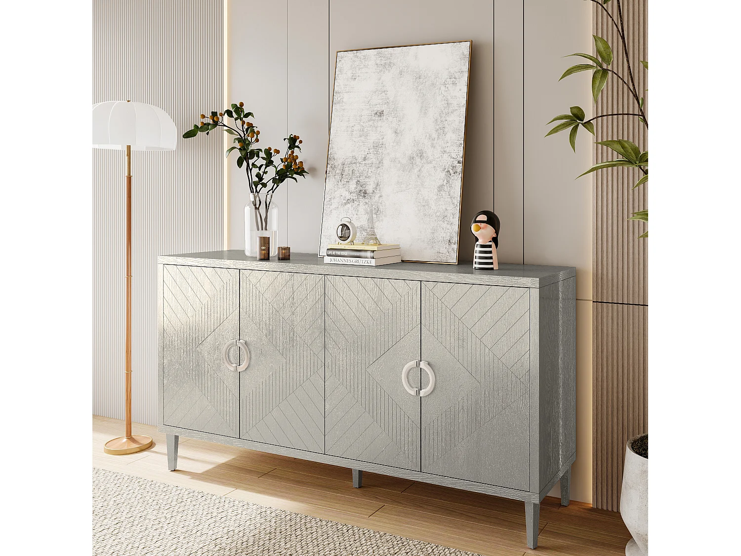 URBAN MEUBLE Buffet champagne argenté 4 portes poignées en alliage de zinc et façades à motif géométrique