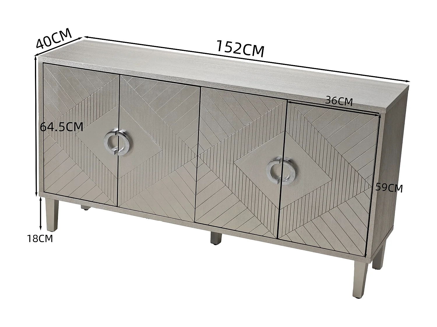 URBAN MEUBLE Buffet champagne argenté 4 portes poignées en alliage de zinc et façades à motif géométrique