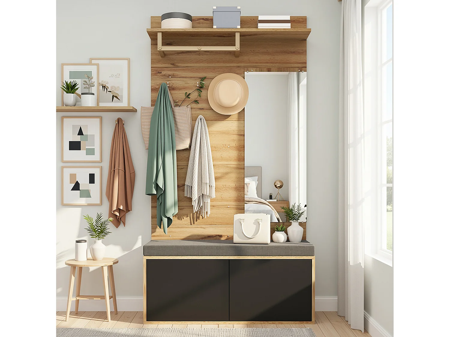 URBAN MEUBLE Vestiaire à l'entrée effet bois banc rembourré, miroir, porte-manteaux, miroir et rangement chaussures