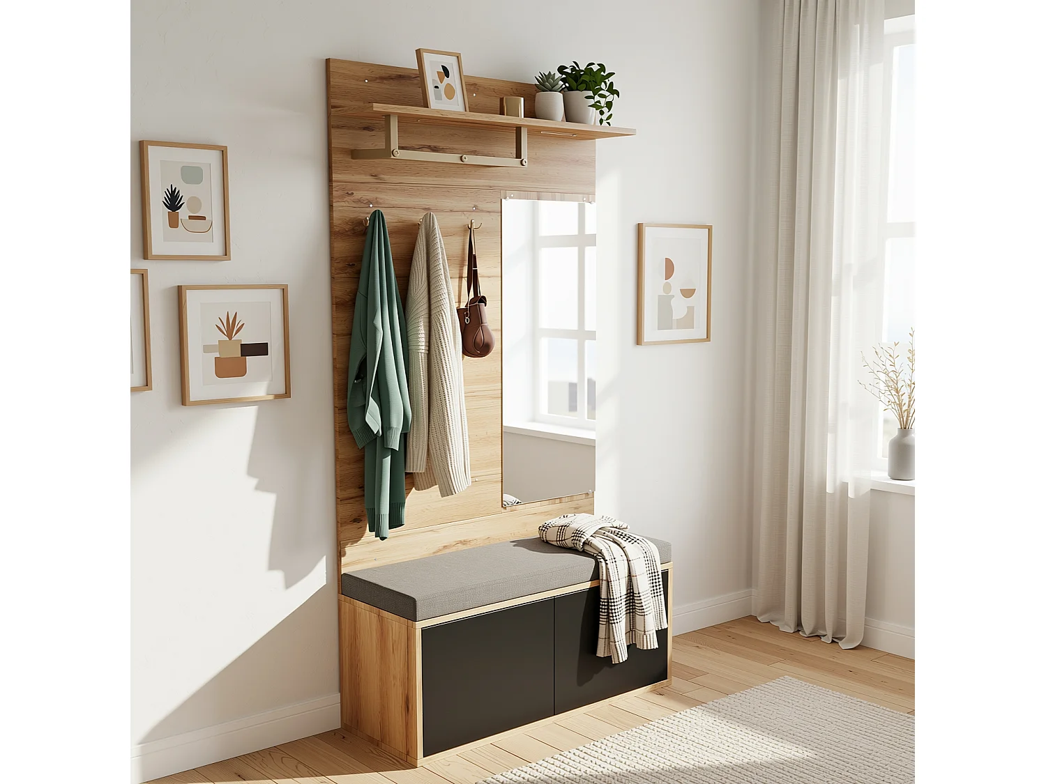 URBAN MEUBLE Vestiaire à l'entrée effet bois banc rembourré, miroir, porte-manteaux, miroir et rangement chaussures