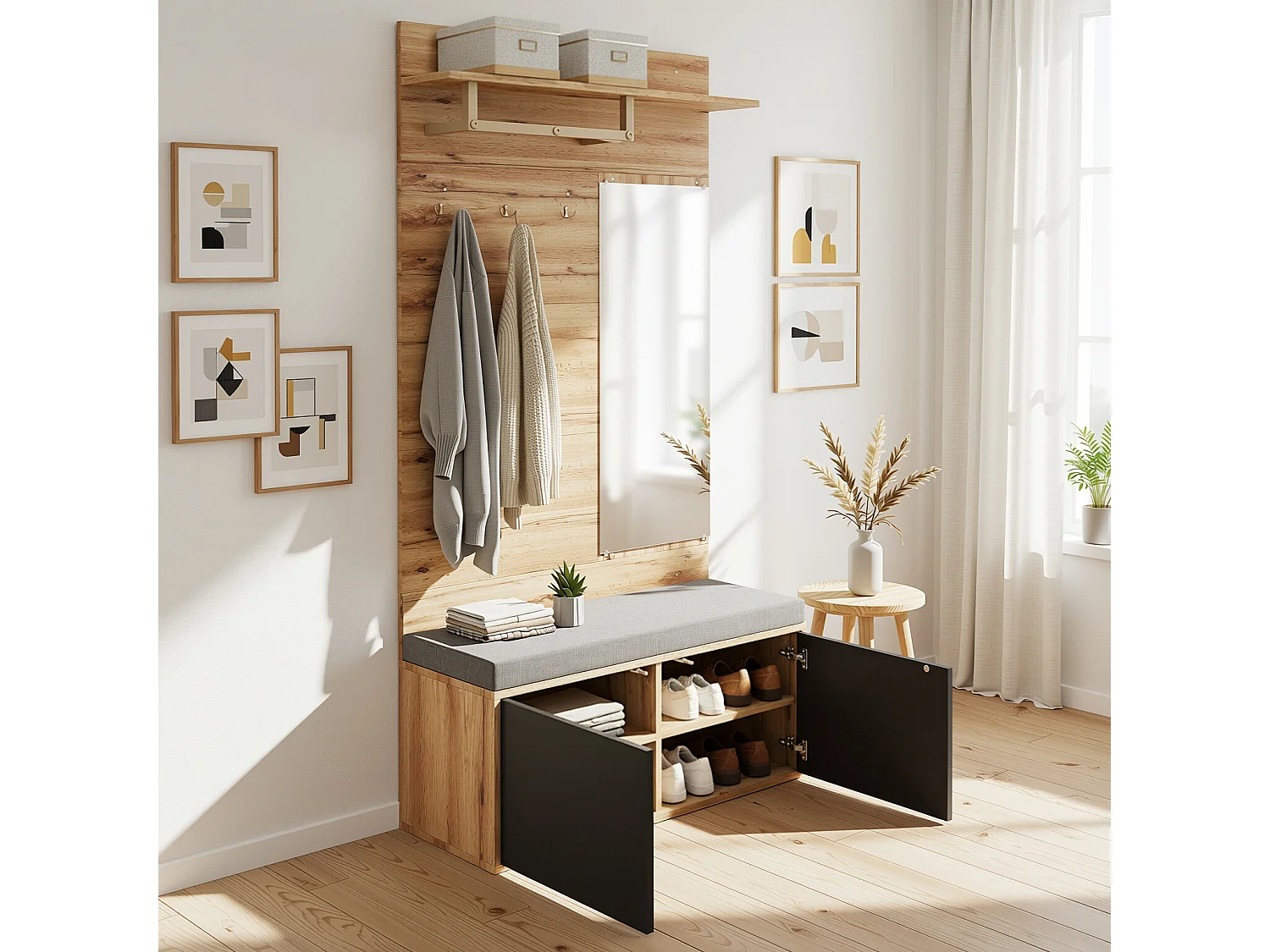 URBAN MEUBLE Vestiaire à l'entrée effet bois banc rembourré, miroir, porte-manteaux, miroir et rangement chaussures