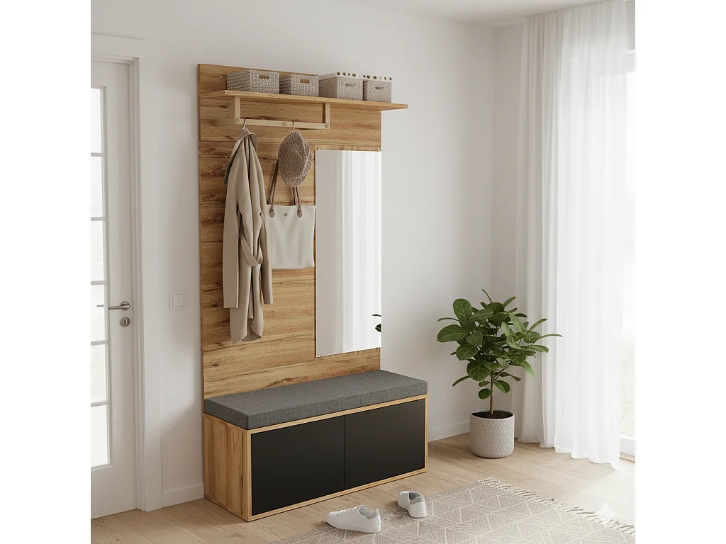 URBAN MEUBLE Vestiaire à l'entrée effet bois banc rembourré, miroir, porte-manteaux, miroir et rangement chaussures