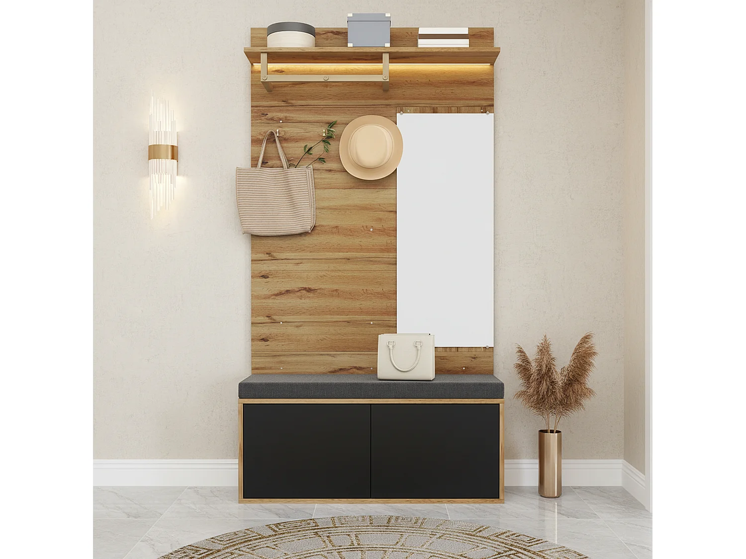 URBAN MEUBLE Vestiaire à l'entrée effet bois banc rembourré, miroir, porte-manteaux, miroir et rangement chaussures