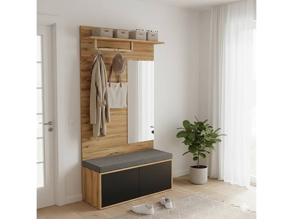 URBAN MEUBLE Vestiaire à l'entrée effet bois banc rembourré, miroir, porte-manteaux, miroir et rangement chaussures