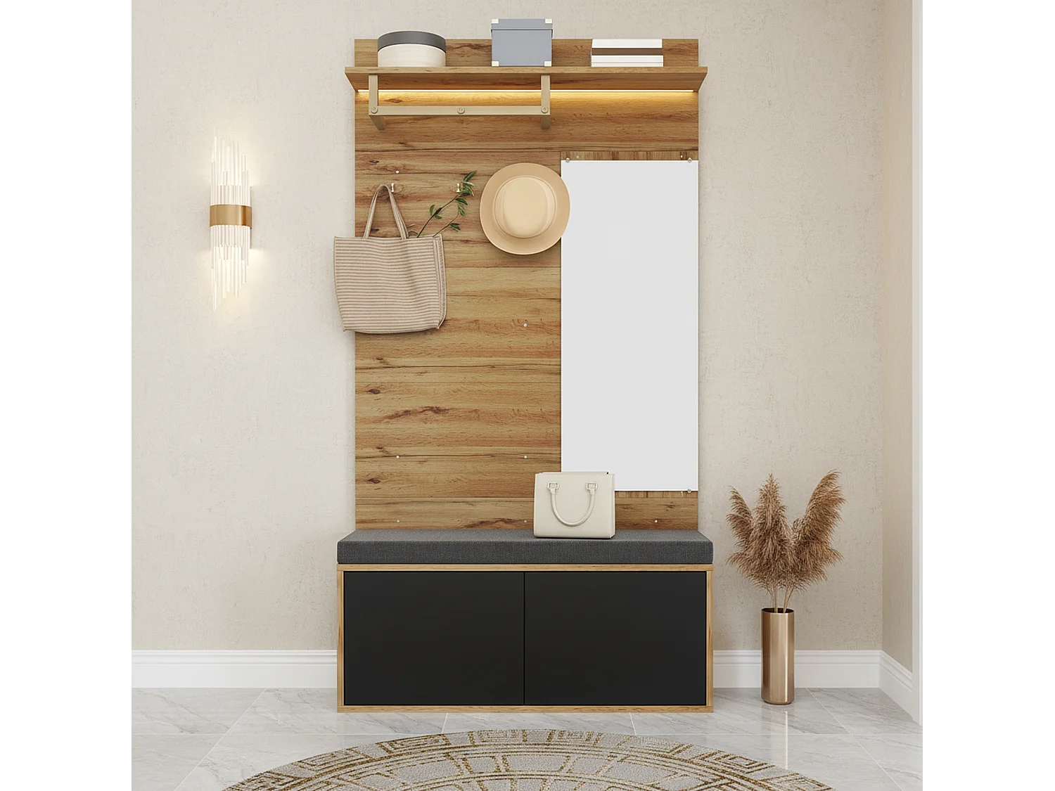 URBAN MEUBLE Vestiaire à l'entrée effet bois banc rembourré, miroir, porte-manteaux, miroir et rangement chaussures