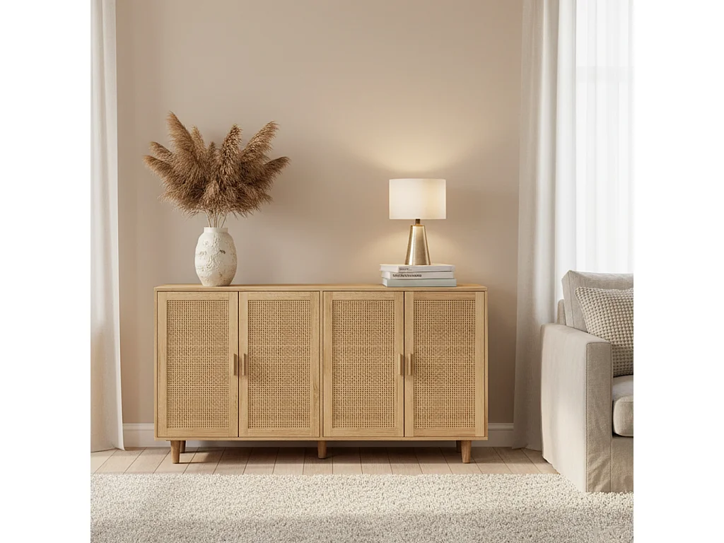 URBAN MEUBLE Buffet 4 portes en bois et cannage – Style naturel et chaleureux