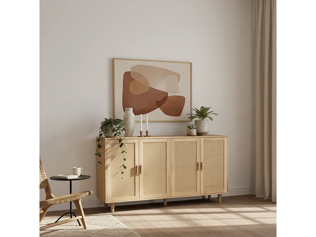 URBAN MEUBLE Buffet 4 portes en bois et cannage – Style naturel et chaleureux