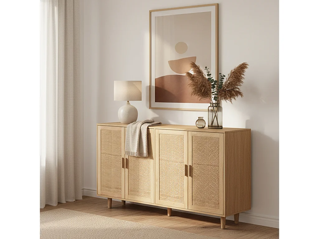 URBAN MEUBLE Buffet 4 portes en bois et cannage – Style naturel et chaleureux