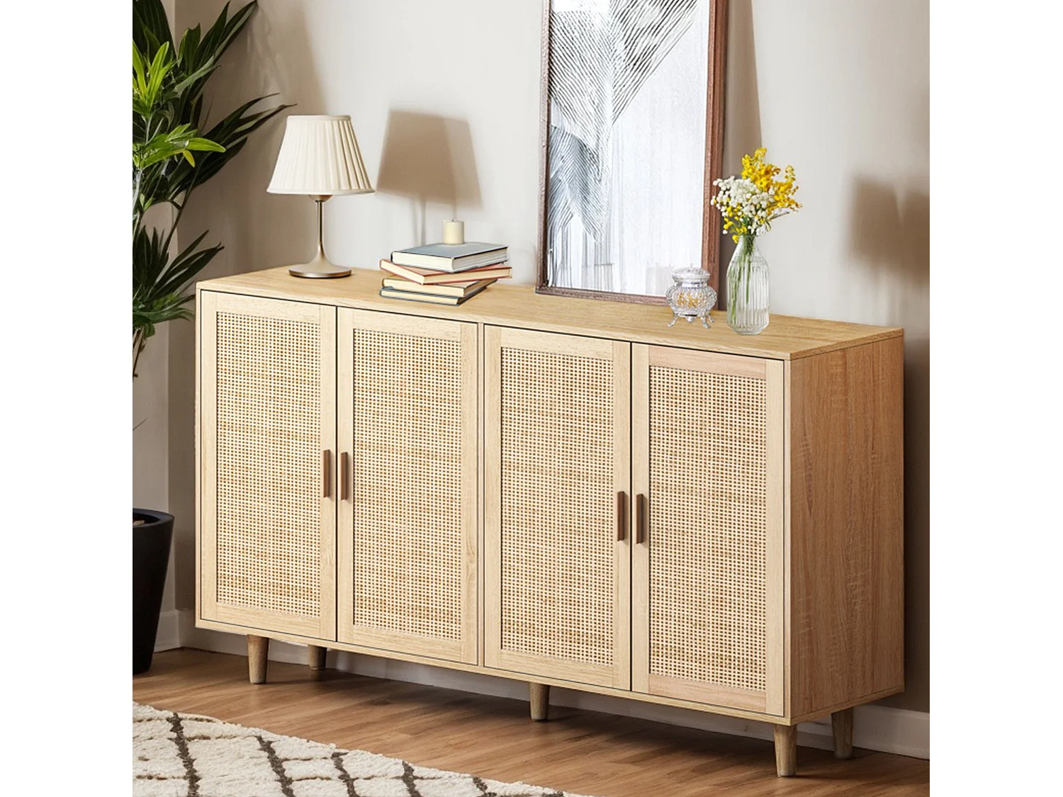 URBAN MEUBLE Buffet 4 portes en bois et cannage – Style naturel et chaleureux