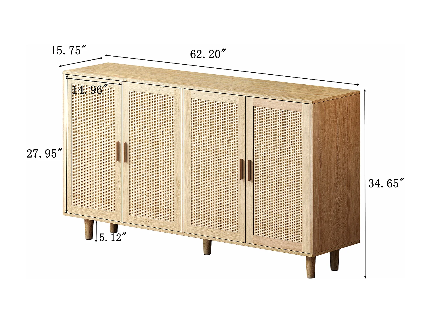URBAN MEUBLE Buffet 4 portes en bois et cannage – Style naturel et chaleureux