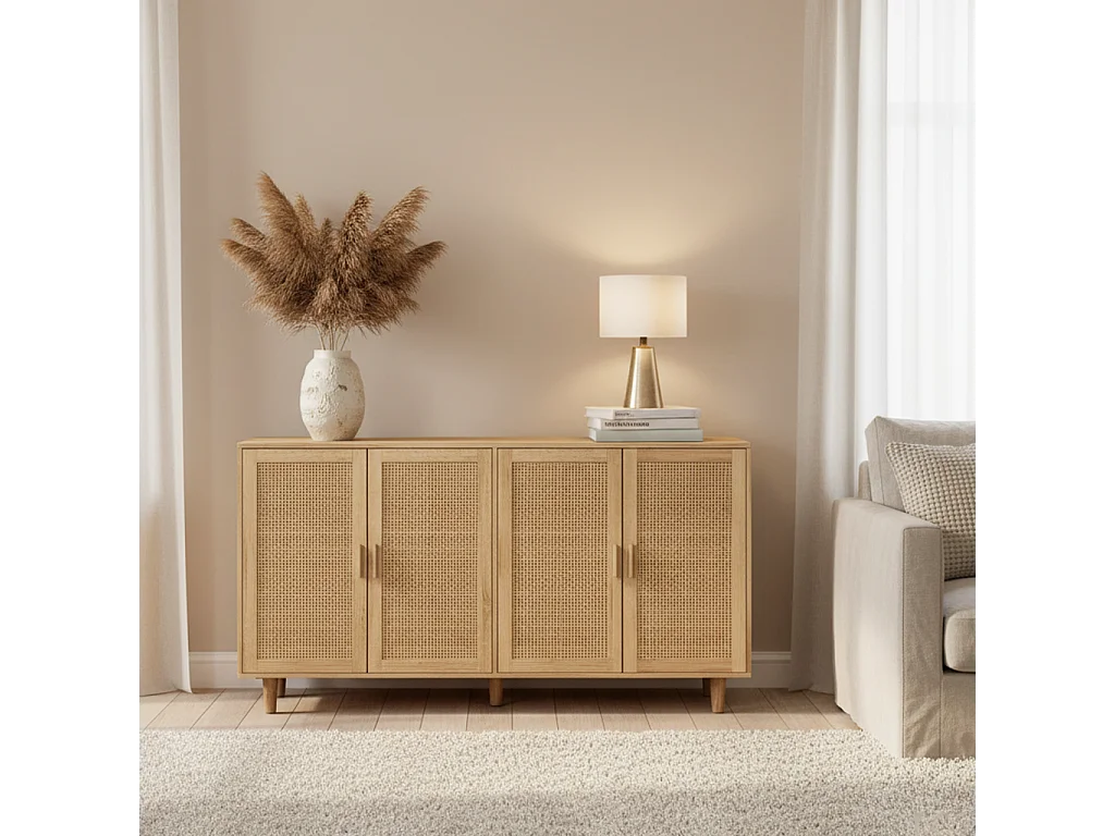 URBAN MEUBLE Buffet 4 portes en bois et cannage – Style naturel et chaleureux