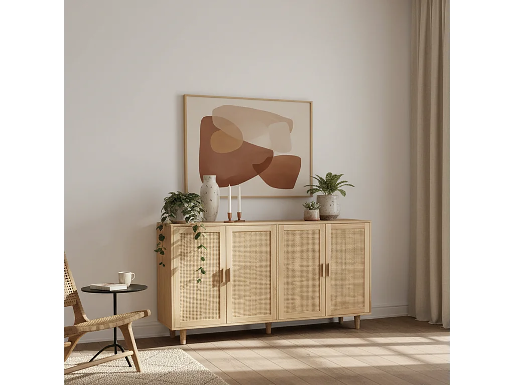 URBAN MEUBLE Buffet 4 portes en bois et cannage – Style naturel et chaleureux