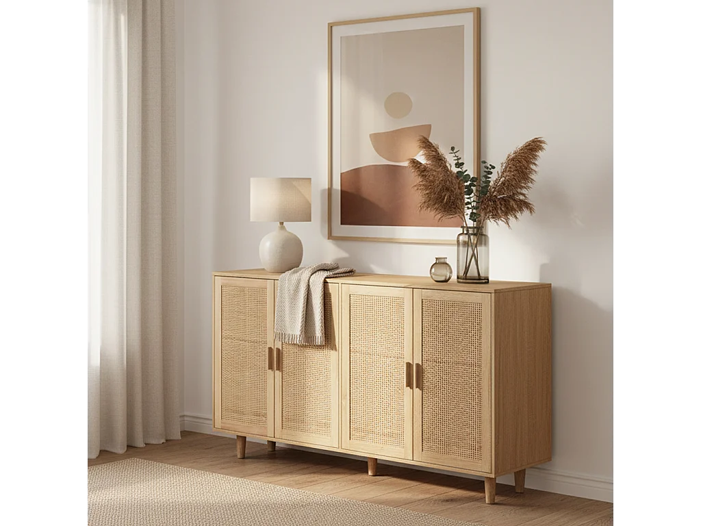 URBAN MEUBLE Buffet 4 portes en bois et cannage – Style naturel et chaleureux