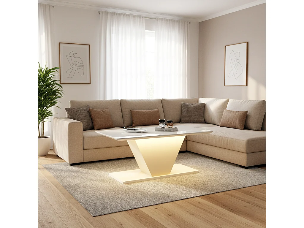 URBAN MEUBLE Table basse blanche brillante forme V avec éclairage LED 100x50cm