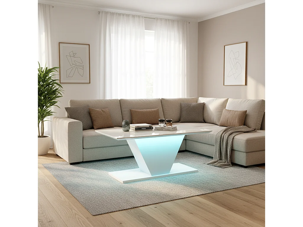 URBAN MEUBLE Table basse blanche brillante forme V avec éclairage LED 100x50cm