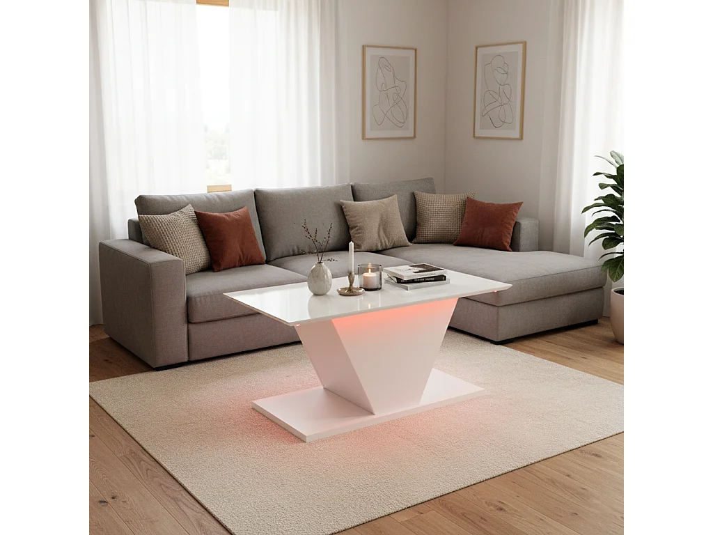 URBAN MEUBLE Table basse blanche brillante forme V avec éclairage LED 100x50cm